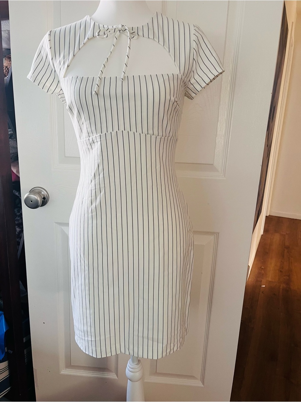 wild fable White Mini Dress with Black Pinstripes and Front Keyhole Tie